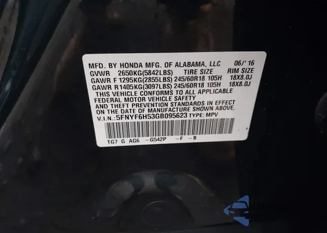 2016 Honda Pilot Ex-L from USA, damaged, VIN 5FNYF6H53GB095623
